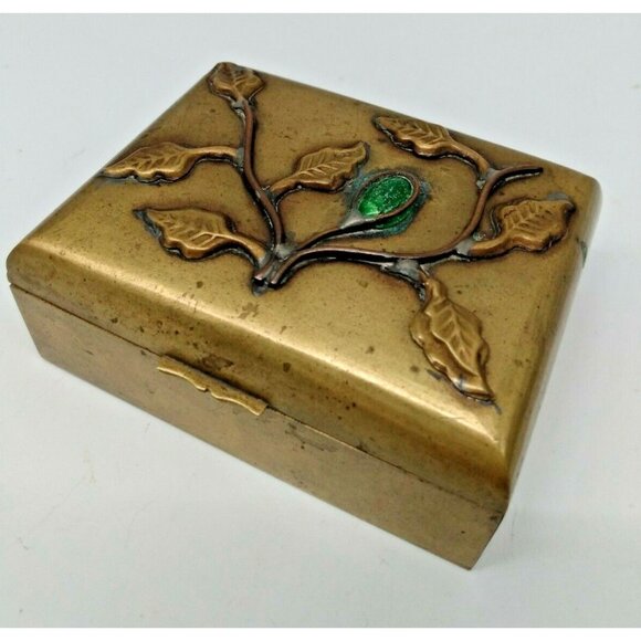 Vintage Brass Trinket/Jewelery Box with Floral design and Jade stone - Picture 2 of 11